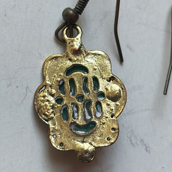 Dark Green multi tone ornate oval rhinestone drop earrings in bronze tone - Picture 4 of 5